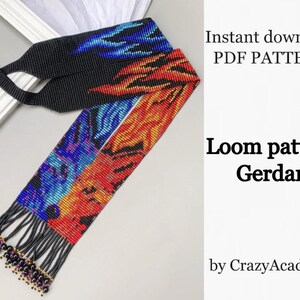 May include: A colorful loom pattern for a beaded necklace called "Gerdan" by CrazyAcademy. The pattern features a black background with red, orange, blue, and turquoise beads in a flame-like design. Instant download PDF pattern.