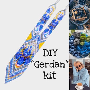 KIT to Make blue Seed Bead woven necklace - craft supply to making Ethnic woven Gerdan - blue flower necklace kit - Loomwork tutorial kit