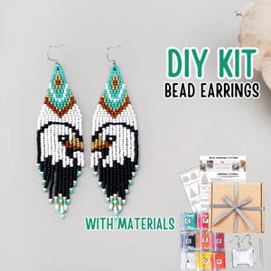 May include: DIY bead earring kit with materials. The earrings feature a white eagle design with black and gold accents. The kit includes beads, earring hooks, and instructions. The text "DIY KIT BEAD EARRINGS WITH MATERIALS" is visible.