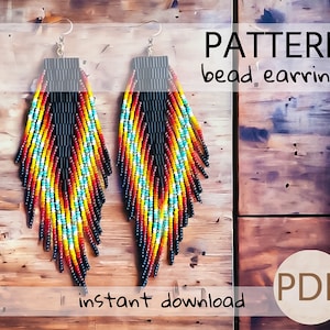 PDF Long American Native Bead Fringe Earrings, black feather ethnic Brick stitch Earrings Pattern, black Jewelry making gift for Crafter