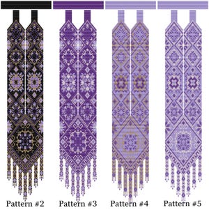 Op de afbeelding: Vier verschillende kralenpatronen voor een kralenketting of armband. De patronen zijn in zwart, paars en lichtpaars met gouden accenten. De patronen zijn gelabeld "Patroon #2", "Patroon #3", "Patroon #4" en "Patroon #5".
