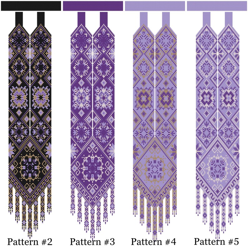 Op de afbeelding: Vier verschillende kralenpatronen voor een kralenketting of armband. De patronen zijn in zwart, paars en lichtpaars met gouden accenten. De patronen zijn gelabeld "Patroon #2", "Patroon #3", "Patroon #4" en "Patroon #5".