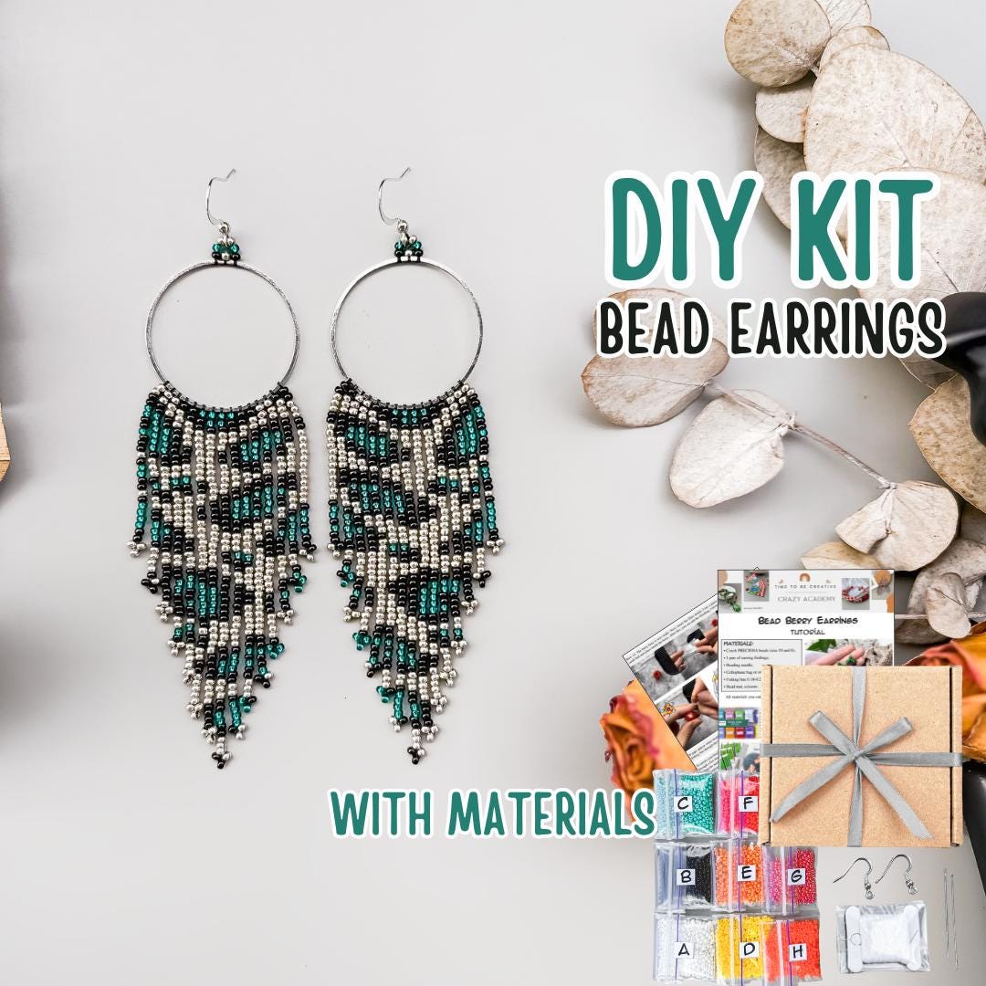 24 Beautiful Bead Crafts for Kids 10 DIY Kit Winter Leopard Bead Earrings - Safari Style Hoop Fringe…