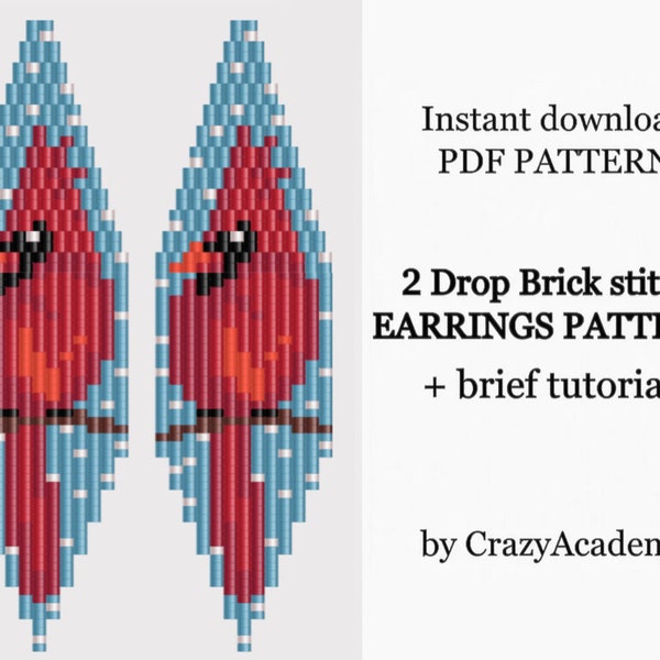 PDF Cardinal Bird Brick stitch pattern, beading pattern, PDF Instant download, Red bird beaded Earring Pattern, earrings making tutorial