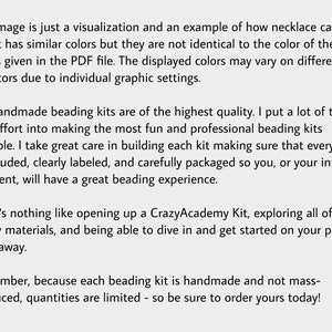 Puede incluir: Texto que explica que la imagen es una visualizaci&oacute;n de un collar y que los colores pueden variar en diferentes monitores. El texto tambi&eacute;n menciona que los kits de abalorios hechos a mano son de la m&aacute;s alta calidad y est&aacute;n cuidadosamente empaquetados. El texto tambi&eacute;n menciona que los kits son de cantidad limitada.