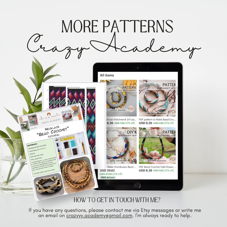 May include: A digital tablet displays various bead crochet patterns, including bracelets and necklaces. A tutorial titled "Bead Crochet" is visible, along with the text "Crazy Academy" and "More Patterns."
