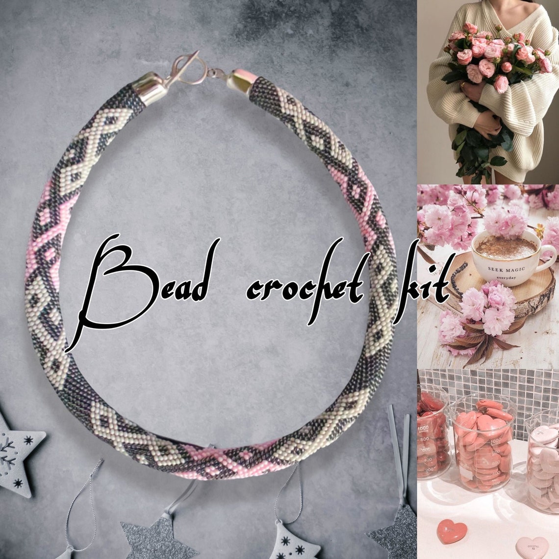 Purple Candy rope KIT to Make Bead Crochet Pink necklace | Etsy