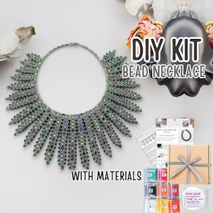 DIY-Set für eine Perlenkette, Set für eine Halskette aus grau-grünen Regenbogen-Saatperlen, Bastelset für Schmuck im Feder-Design, DIY-Set für eine handgefertigte Halskette