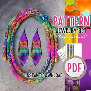 May include: A colorful beaded necklace and earrings set with a geometric pattern. The pattern is called "Bright patchwork". The set is available as a digital download in PDF format.