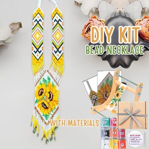 Kit de Gerdan de girasol con cuentas para tejer a mano, patrón de flor amarilla para tejer a mano, tutorial fácil para hacer collar con cuentas en telar, hazlo tú mismo.