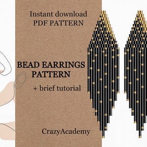 Puede incluir: Un patrón PDF descargable instantáneamente para pendientes de cuentas. Los pendientes son largos y negros con detalles dorados. El patrón incluye un breve tutorial. "Bead Earrings Pattern" y "CrazyAcademy" están escritos en la imagen.