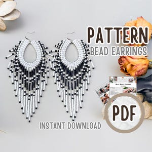 PDF-tutorial Zwart-witte veer franje kralen oorbellen, patroon voor Amerikaanse oorbellen, oorbellen maken cadeau voor hobbyisten, tutorial voor het maken van een baksteensteek
