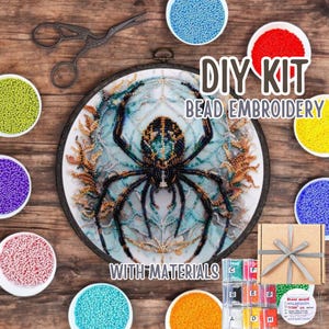 Puede incluir: Kit de bordado de cuentas DIY con un diseño de telaraña y una araña negra en el centro. El kit incluye cuentas, hilo y un aro. Las cuentas están en pequeños contenedores etiquetados de la A a la H.