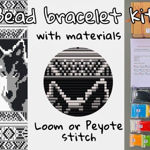 May include: A bead bracelet kit with materials to make a wolf design. The kit includes beads in black, white, and gray colors, needles, and instructions. The bracelet can be made using either loom or peyote stitch.