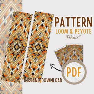 Può includere: Un modello di download digitale per un braccialetto di perline con un design geometrico in tonalità di arancione, marrone, bianco e nero. Il modello è per entrambe le tecniche di perline, sia a telaio che a punto peyote. Il modello si chiama "Etnico".