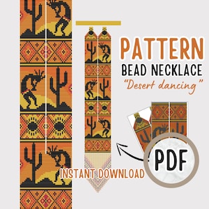 May include: A bead necklace pattern featuring a desert scene with dancing figures, cacti, and a sunset. The pattern is available as an instant download in PDF format. "Desert dancing" is written in the image.