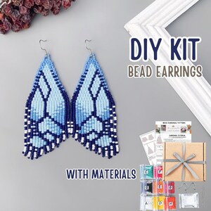 May include: A DIY kit for making bead earrings. The image shows two blue and white beaded butterfly wing earrings. The kit includes materials, a pattern, and a tutorial. The text "DIY KIT BEAD EARRINGS WITH MATERIALS" is also visible.