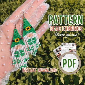 Padrão de brincos de franjas de contas de gnomo DIY em PDF, padrão de brincos de trevo verde, presente de Dia de São Patrício, padrão de fabricação de brincos de ponto tijolo