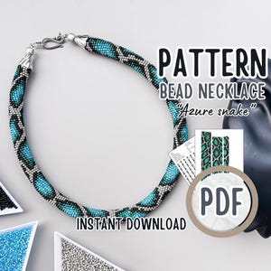 May include: A beaded necklace pattern in PDF format, featuring a turquoise and silver snake design. The pattern is for an "Azure snake" necklace.  The image shows the finished necklace and a close-up of the beading pattern.
