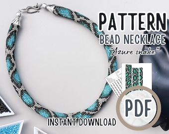 Patrón PDF: Collar de serpiente azul celeste con cuentas tejidas a crochet, bisutería de pitón, tutorial de manualidades para adultos, patrón de cuentas tejidas a crochet con cuerda de piel de serpiente.