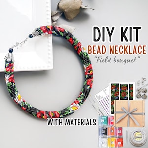 May include: A DIY bead necklace kit with the text "DIY KIT BEAD NECKLACE 'Field bouquet' WITH MATERIALS". The necklace is black with red, white, and yellow floral patterns. The kit includes beads, instructions, and other materials.