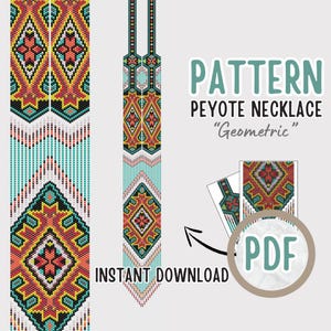 以下が含まれることがあります： ペヨーテステッチビーズネックレスのパターンデジタルダウンロード。ネックレスは、赤、オレンジ、黄、青、緑、白、黒のビーズを使用した幾何学模様です。パターンはPDFダウンロードでご利用いただけます。「PATTERN PEYOTE NECKLACE "Geometric""