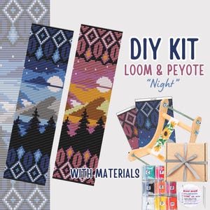 May include: DIY kit for loom and peyote beading with materials included. The kit features two designs: a night sky with mountains and a sunset with mountains. The kit includes beads, a loom, and instructions. "Night" is written on the packaging.