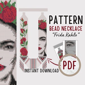 May include: A digital download pattern for a beaded necklace featuring a portrait of Frida Kahlo. The pattern is in PDF format and includes a close-up image of the finished necklace. The text "PATTERN BEAD NECKLACE "Frida Kahlo" INSTANT DOWNLOAD PDF" is visible in the image.