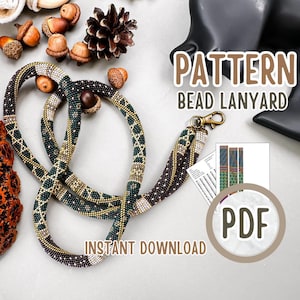 Puede incluir: Un patrón de cordón de cuentas en formato PDF. El patrón presenta un diseño de cuentas marrones, verdes y doradas. El texto "PATTERN BEAD LANYARD" y "PDF" es visible en la imagen.