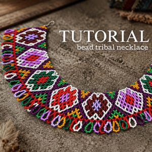 May include: A crescent-shaped beaded necklace featuring a vibrant geometric pattern in purple, red, green, white, and yellow beads. The text TUTORIAL bead tribal necklace is printed in white over the necklace. The design includes intricate floral-like motifs.