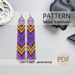 Puede incluir: Un patrón de descarga digital para pendientes de cuentas. Los pendientes son largos y presentan un patrón de chevron morado, negro, amarillo y rojo. El texto "PATTERN bead earrings" y "instant download" es visible en la imagen. El texto "PDF" está en un círculo.