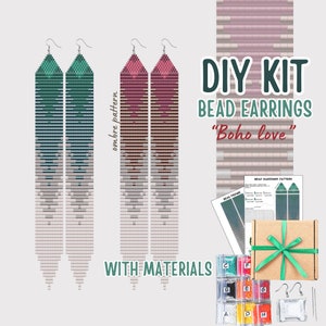 DIY Kit boho ombre chandelier Bead Fringe Earrings, love heart bead long Earring making Craft, Brick stitch tutorial, craft gift idea