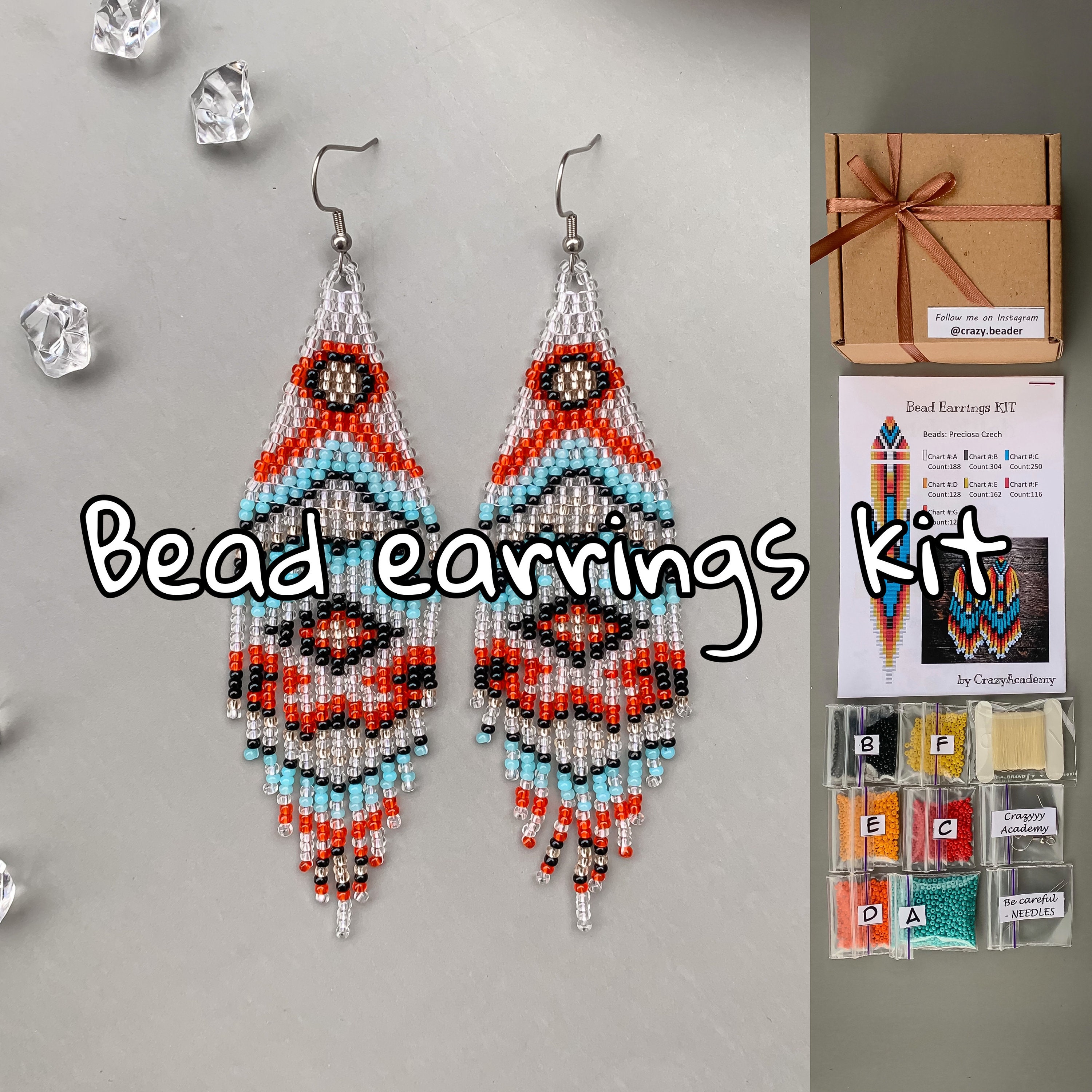 DIY Kit Tribal Beaded Earrings, Native Seed Bead Earrings, Dangle Fringe  Ethnic Earring Pattern, Jewelry Making Craft, Brick Stitch Tutorial 