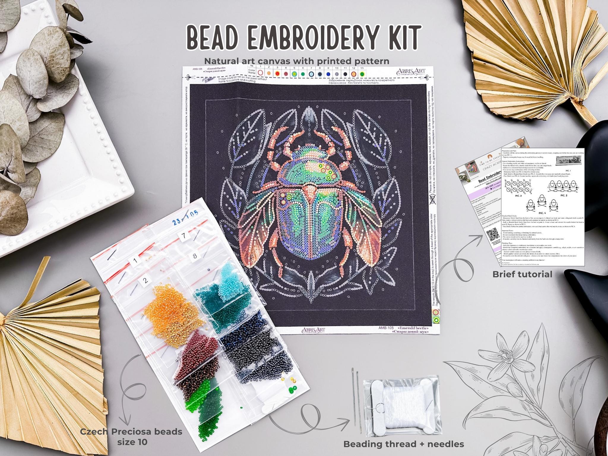 DIY Scarab Bead Embroidery Kit Emerald Beetle Art Canvas Insect ...