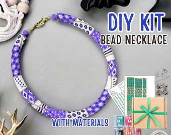 DIY KIT Perlen weiß blau Häkelkette Seil, Perlen Häkelhalskette Muster, handgemachtes Schmuck-Bastelset, Bastel-Geschenkidee