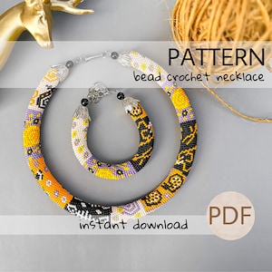May include: A bead crochet necklace and bracelet pattern in PDF format. The pattern features a colorful design with black, white, yellow, and purple beads. The text "PATTERN bead crochet necklace" and "instant download" are visible in the image.