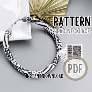 May include: Black and white bead necklace pattern. The pattern is for a beaded necklace with a geometric design. The pattern is available as an instant download in PDF format.  "PATTERN BEAD NECKLACE" and "PDF" are written in the image.
