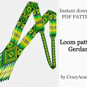 Puede incluir: Collar de cuentas verde y amarillo con un patrón geométrico. Descarga instantánea del patrón PDF para tejido de telar. Patrón de telar Gerdan por CrazyAcademy.