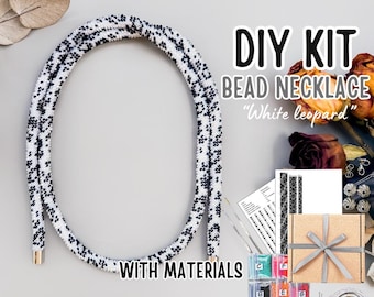 DIY KIT Long Bead Crochet White Leopard lariat necklace - Jewelry making KIT - gift for Adult Crafter - Animal Beadwork necklace craft kit