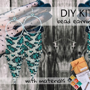 DIY Kit Turquoise leopard long earrings, fringe earring pattern, Beaded hoop ethno style jewelry for women, Handmade Seed bead earring Craft