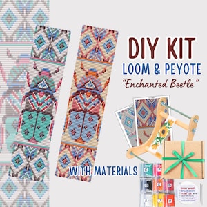 May include: DIY kit for loom and peyote beading with all the materials needed to create a beaded bracelet with a colourful beetle design. The kit includes a loom, beads, and instructions. The bracelet design features a geometric pattern with a beetle in the centre.