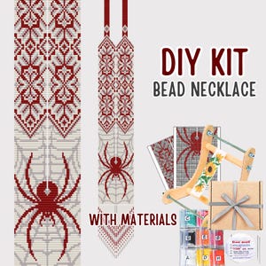 DIY Red Spider White Beaded Gerdan Necklace Kit, Seed Bead Loom Jewelry Making Kit, Spider Pattern Necklace, Gothic Craft Gift