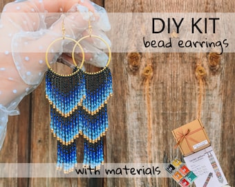 DIY Kit Black blue chandelier Bead Fringe Earrings, Ombre beaded long hoop Earring Pattern, Earring making Craft, Bead Brick stitch tutorial