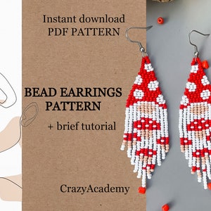 PDF DIY patrón de aretes con flecos de cuentas de gnomo, patrón de aretes de setas rojas, tutorial de aretes de puntada de ladrillo artesanal, patrón de agárico de mosca de abalorios