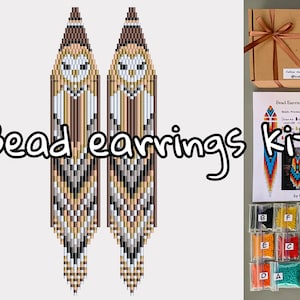 DIY Kit boho gold beige owl Fringe Beading Earrings, boho animal beaded Earrings Pattern, bird Earrings making Craft, Brick stitch tutorial