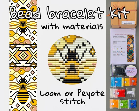 DIY Honey Bee Bracelet Kit, Beadwork Loom Peyote Bracelet Pattern, Craft Kit  for Adults, Bee Seed Bead Kit, Bee Bookmark Pattern, Craft Gift 