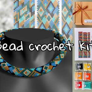 DIY KIT blå romb patchwork pärlvirkat halsband, pärlmönsterhalsband, fröpärlrep, virkat halsbandstillverkning, geometriskt DIY-pyssel