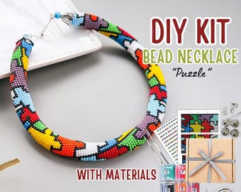 KIT to Make Bead Crochet puzzle colorful rope necklace bracelet - Crochet Seed beaded rope KIT - pin up style Jewelry making DIY Adult Craft