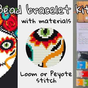 Op de afbeelding: Een kralenarmbandset met materialen om een kleurrijke armband te maken die is geïnspireerd op Día de Muertos. De set bevat kralen, naalden en instructies voor loom- of peyote-steek.