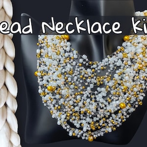 KIT wedding white gold Bead Crochet necklace, evening multi-strand woven Jewelry making Craft, Beadweaving Crafter Gift, airy necklace